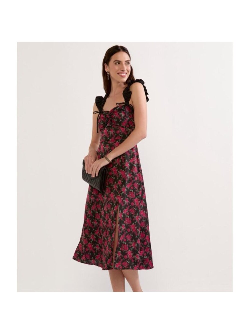 Francesca's black &pink floral midi dress with ruffle straps. Size M